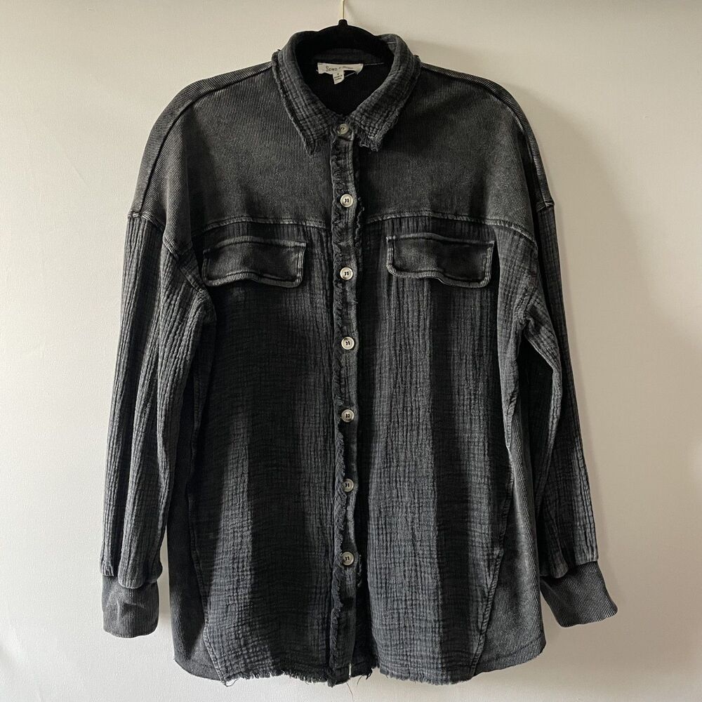 Sewn+Seen Button Up Shirt Shacket Long Sleeve Gauze Ribbed Black Women's Size S